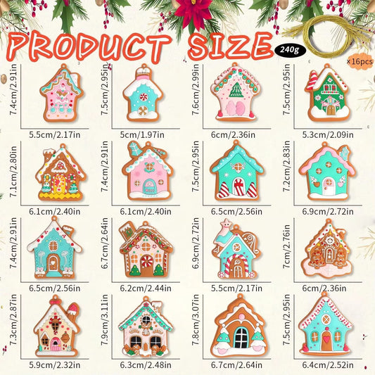 16PCS Cartoon Christmas Cottage Pendant Xmas Tree Hanging Ornaments Candy Color Gingerbread House Christmas Decorations Gifts