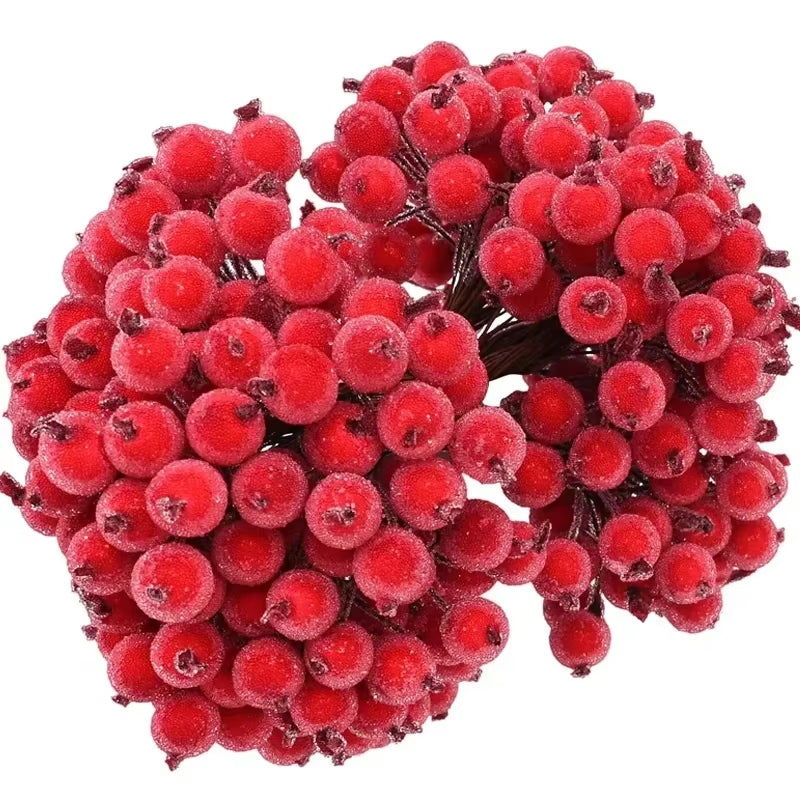 500/20Pcs Mini Artificial Frosted Berry Christmas Double Head Holly Berries Fake Flowers Bouquets DIY Wreath Xmas Party Decor