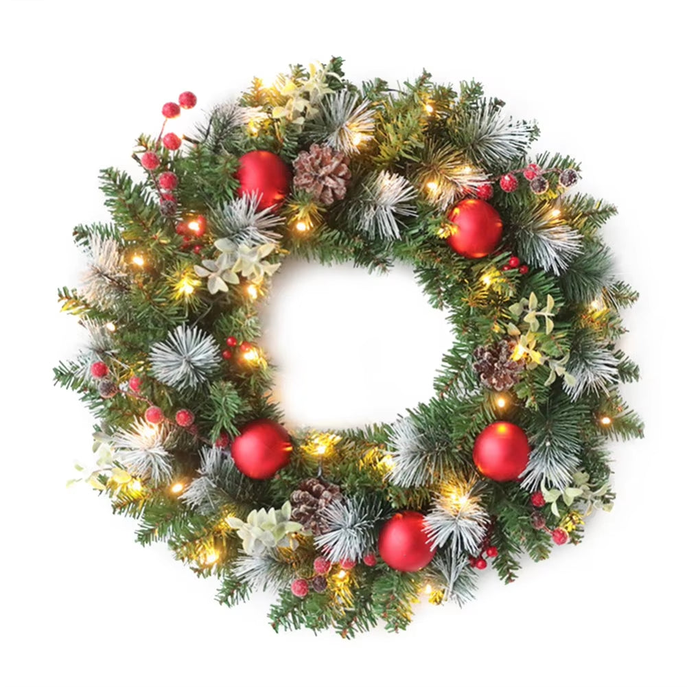 Led Christmas Wreath 40CM Artificial Pinecone Red Berry Garland Hanging Ornaments Front Door Wall Decorations Xmas Tree Wreath