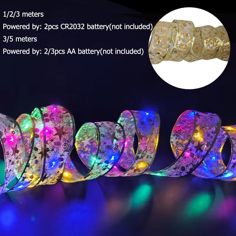 5/10M New Year Christmas Ribbon Fairy Light String Garland Lights Christmas Tree Ornament Ribbon Light Home Decoration