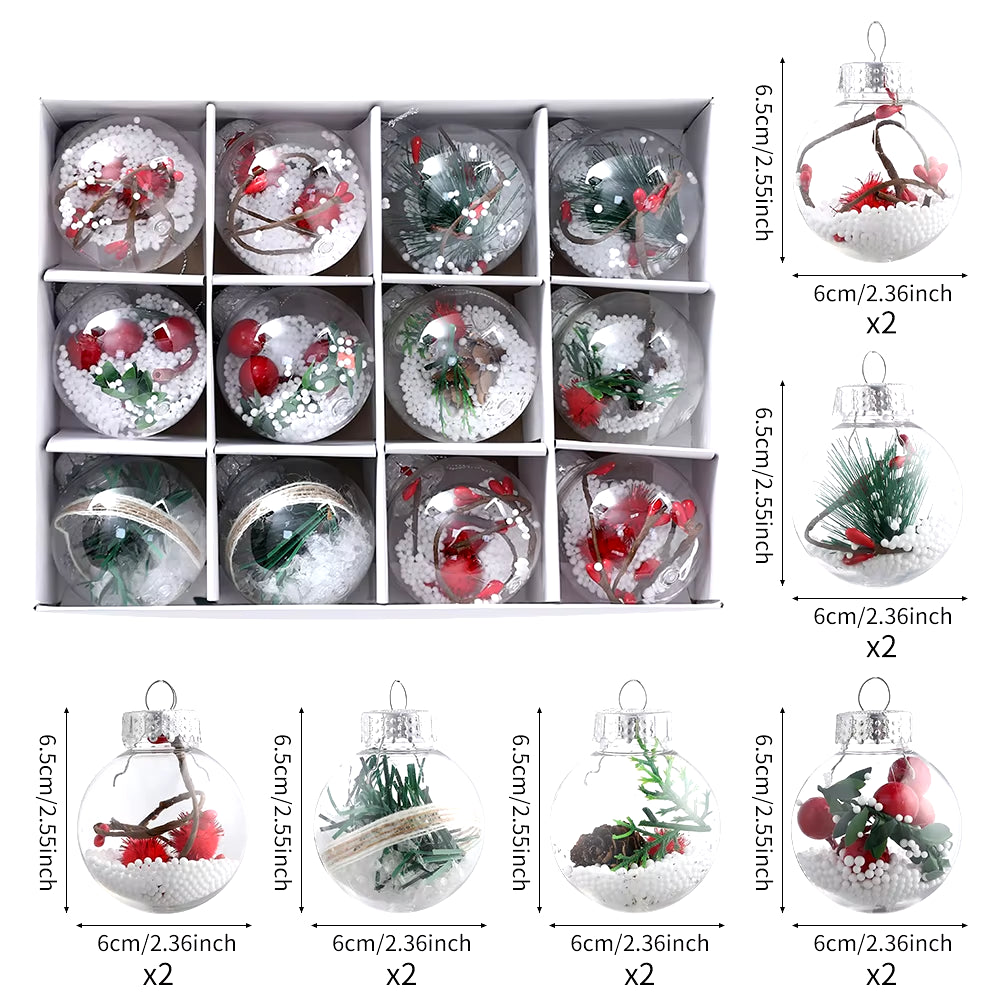 Mix 12Pcs Transparent Crystal Christmas Balls with Pine Cone Xmas Tree Hanging Ball Ornaments Christmas Decoration New Year Gift