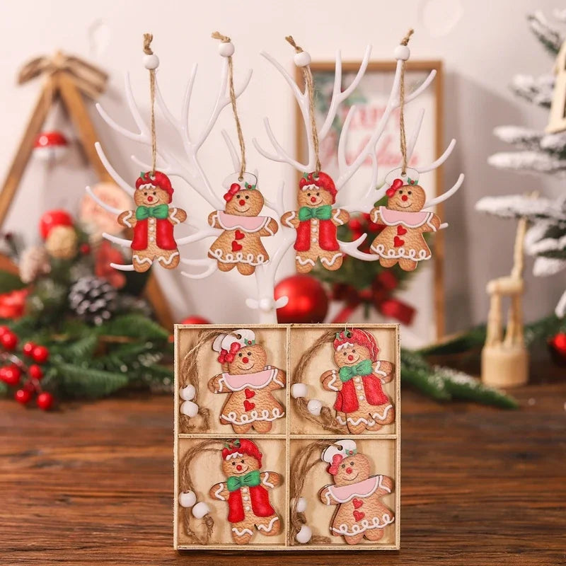 12Pcs Gingerbread Man Wooden Ornaments Xmas Tree Hanging Pendant Merry Christmas Decor for Home Party Navidad Gift New Year 2024