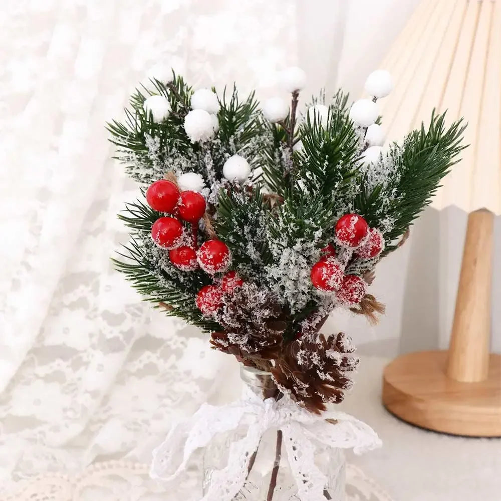 1Pcs Artificial Flower Fake Snow Frost Pine Branch Cone Berry Holly Diy Xmas Tree Ornament Home Christmas Decor Supplies Gift