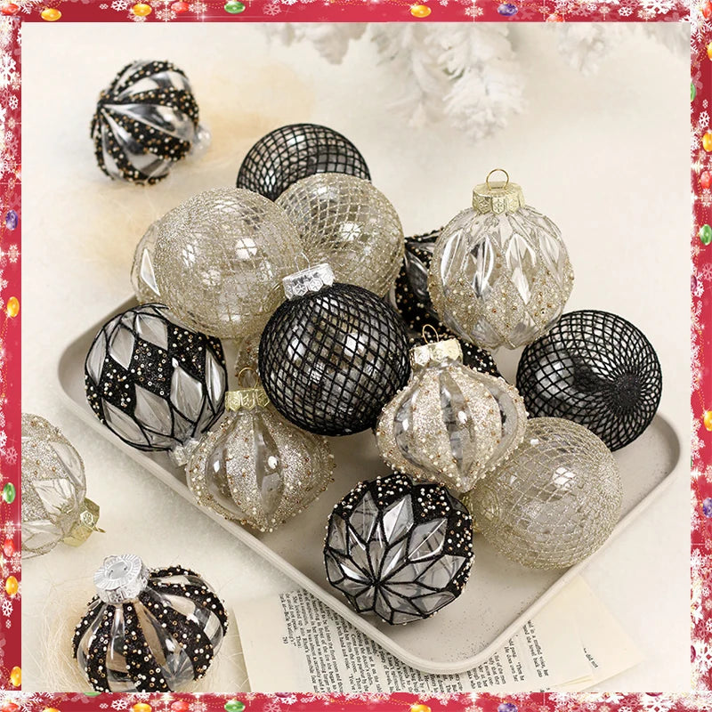 1Set/9Pcs New Christmas Ball Decorations Boutique Transparent Painted White Black Christmas Tree Accessories Pendant Party Decor