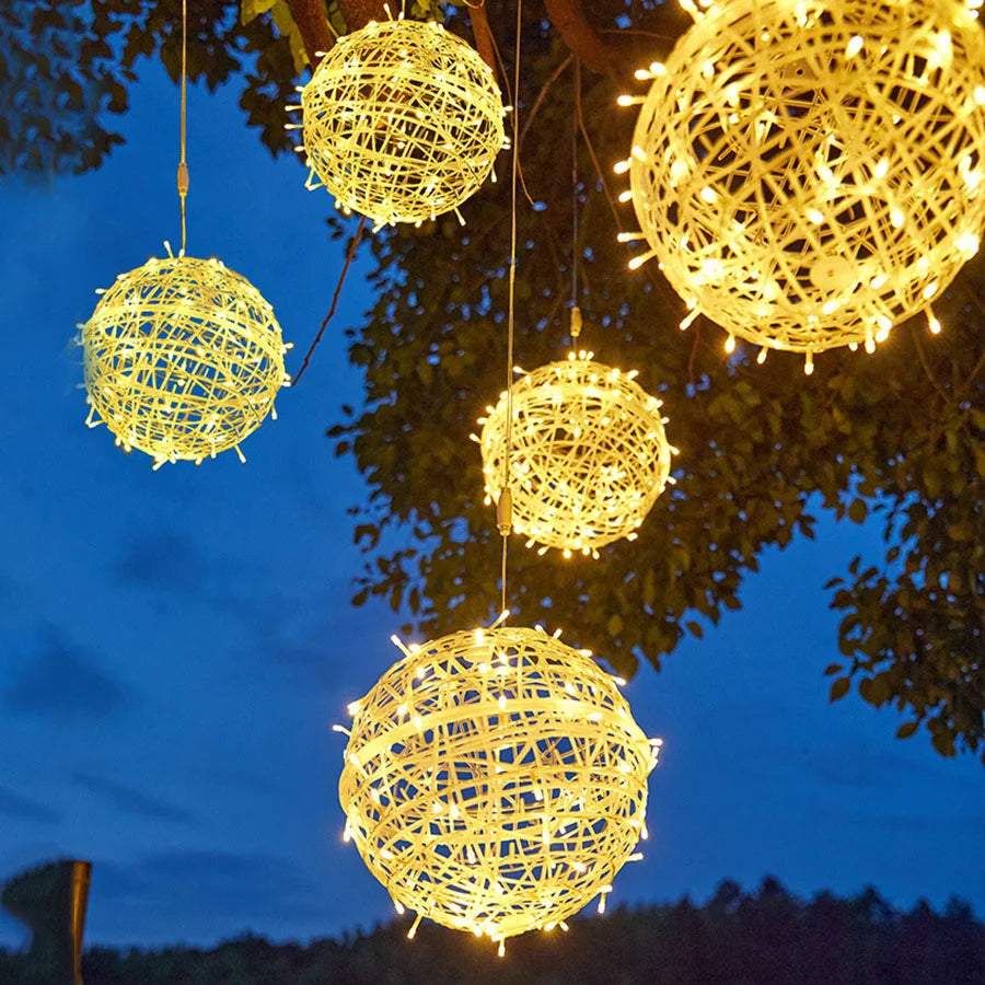 30CM Christmas Tree Rattan Ball Hanging String Light Outdoor Sepak Takraw Globe Ball Fairy Light Garland for Holiday Patio Decor