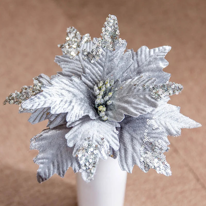 1PC 25Cm Large Glitter Artificial Christmas Flowers DIY Fake Flowers Xmas Tree Ornaments for Home New Year Decoration Supplies