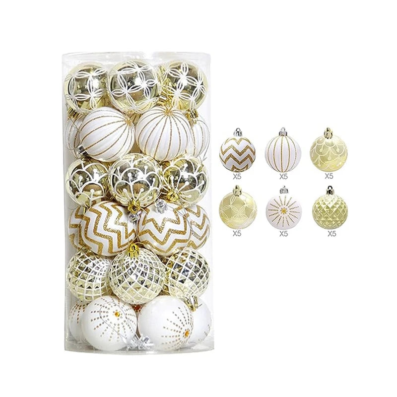 30PCS Christmas Balls ,60MM Gold&White Painted Shatterproof Festive Wedding Hanging Ornaments Christmas Trees Decoration Durable