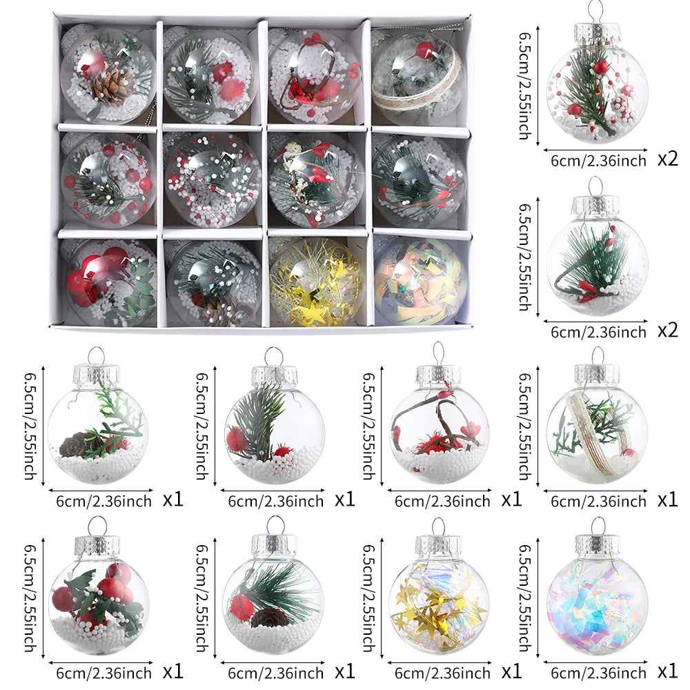 Mix 12Pcs Transparent Crystal Christmas Balls with Pine Cone Xmas Tree Hanging Ball Ornaments Christmas Decoration New Year Gift