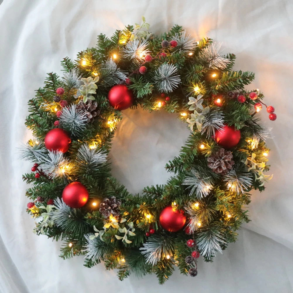 Led Christmas Wreath 40CM Artificial Pinecone Red Berry Garland Hanging Ornaments Front Door Wall Decorations Xmas Tree Wreath