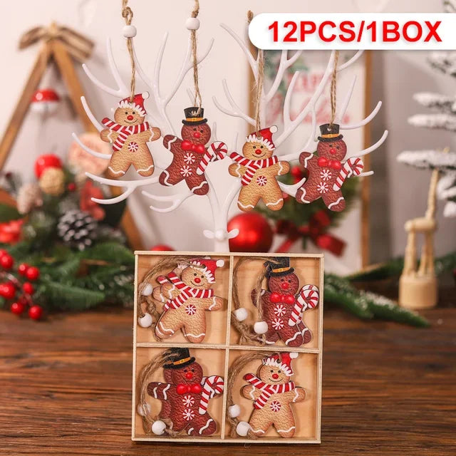 12Pcs Gingerbread Man Wooden Ornaments Xmas Tree Hanging Pendant Merry Christmas Decor for Home Party Navidad Gift New Year 2024