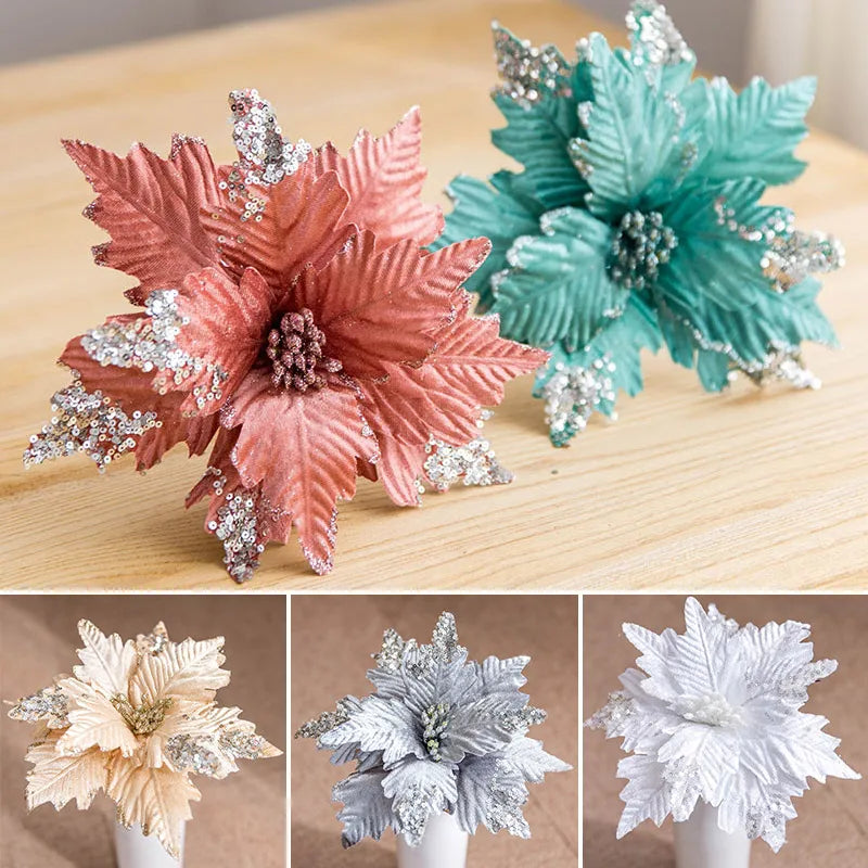 1PC 25Cm Large Glitter Artificial Christmas Flowers DIY Fake Flowers Xmas Tree Ornaments for Home New Year Decoration Supplies