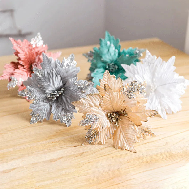 1PC 25Cm Large Glitter Artificial Christmas Flowers DIY Fake Flowers Xmas Tree Ornaments for Home New Year Decoration Supplies