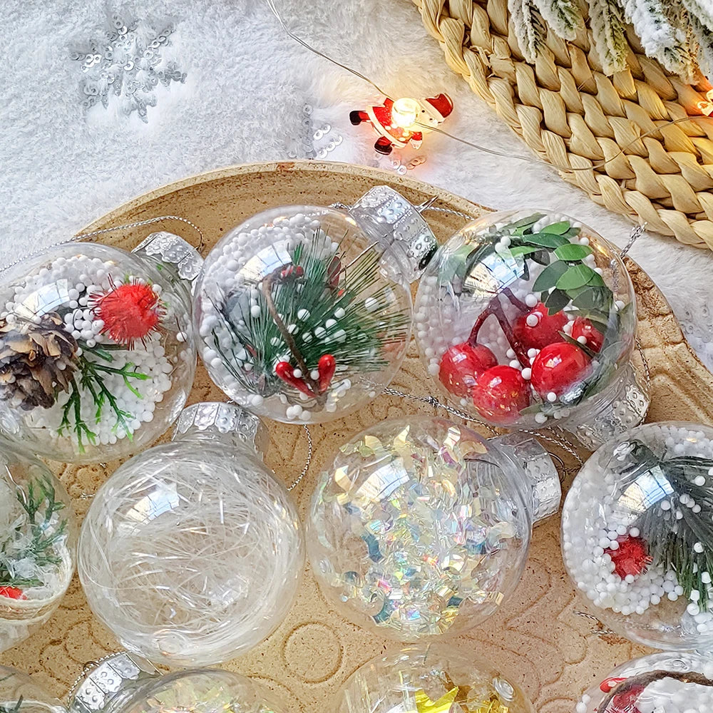 Mix 12Pcs Transparent Crystal Christmas Balls with Pine Cone Xmas Tree Hanging Ball Ornaments Christmas Decoration New Year Gift