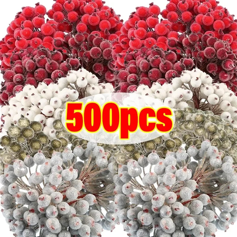 500/20Pcs Mini Artificial Frosted Berry Christmas Double Head Holly Berries Fake Flowers Bouquets DIY Wreath Xmas Party Decor