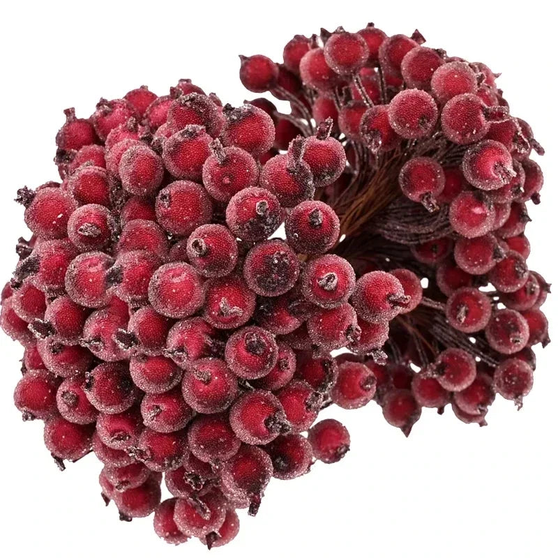 500/20Pcs Mini Artificial Frosted Berry Christmas Double Head Holly Berries Fake Flowers Bouquets DIY Wreath Xmas Party Decor