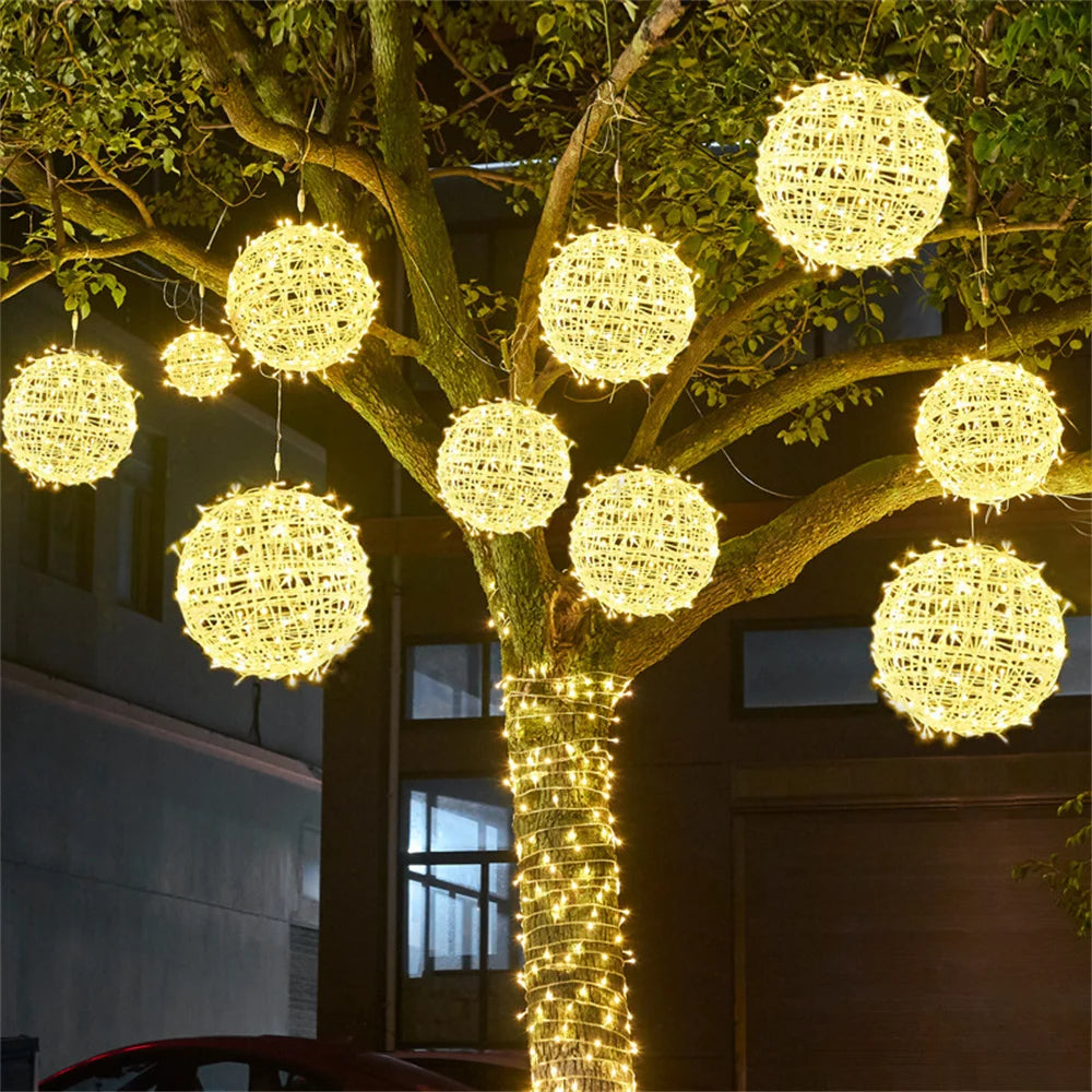 30CM Christmas Tree Rattan Ball Hanging String Light Outdoor Sepak Takraw Globe Ball Fairy Light Garland for Holiday Patio Decor