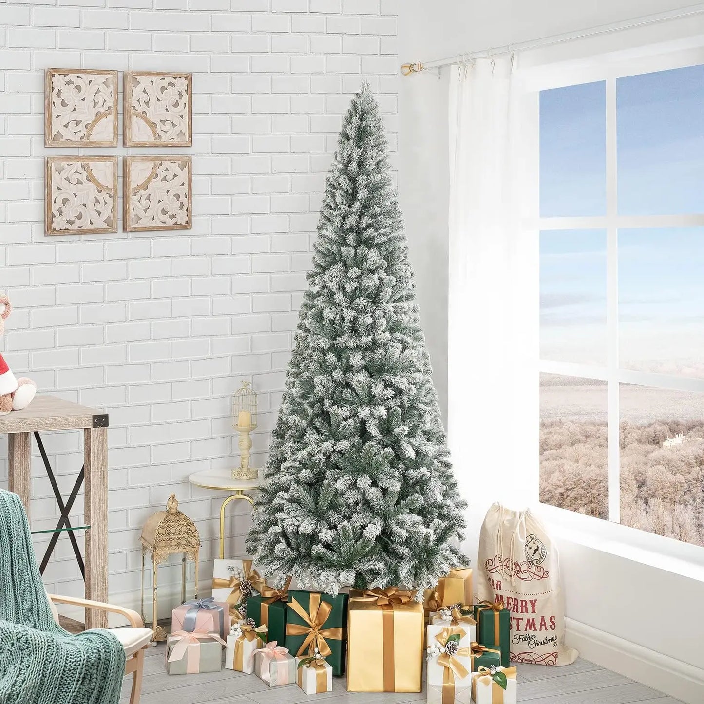 7.5Ft Frosted Prelit Slim Artificial Christmas Tree with 1102 Branch Tips, 350 Warm Lights and Metal Stand, 34" Wide