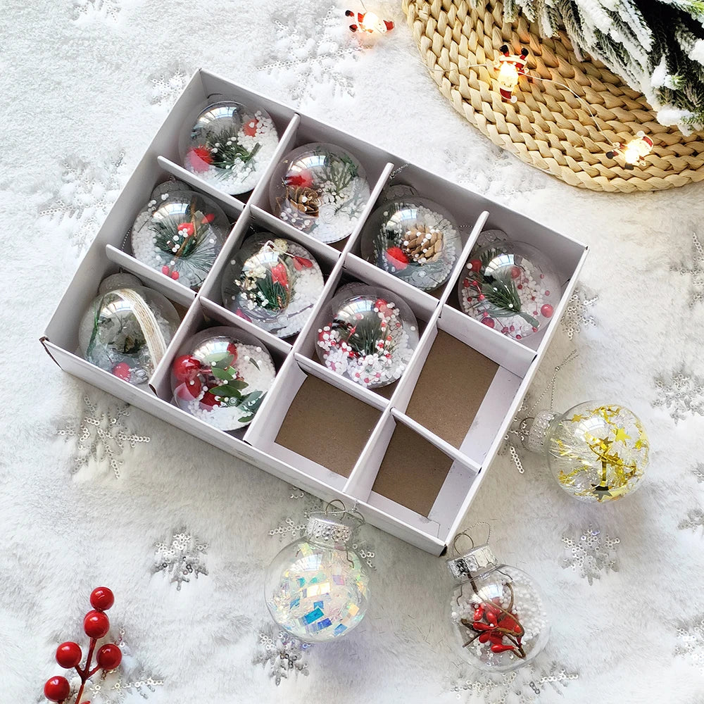 Mix 12Pcs Transparent Crystal Christmas Balls with Pine Cone Xmas Tree Hanging Ball Ornaments Christmas Decoration New Year Gift