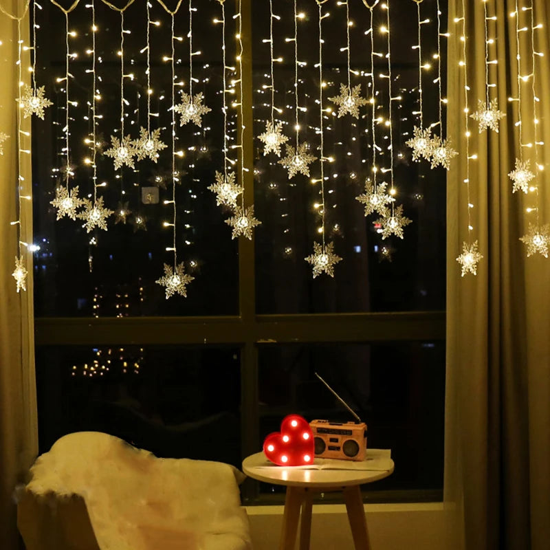 3.2M Christmas Snowflakes LED String Lights Flashing Fairy Curtain Lights Waterproof for Holiday Party Wedding Xmas Decoration