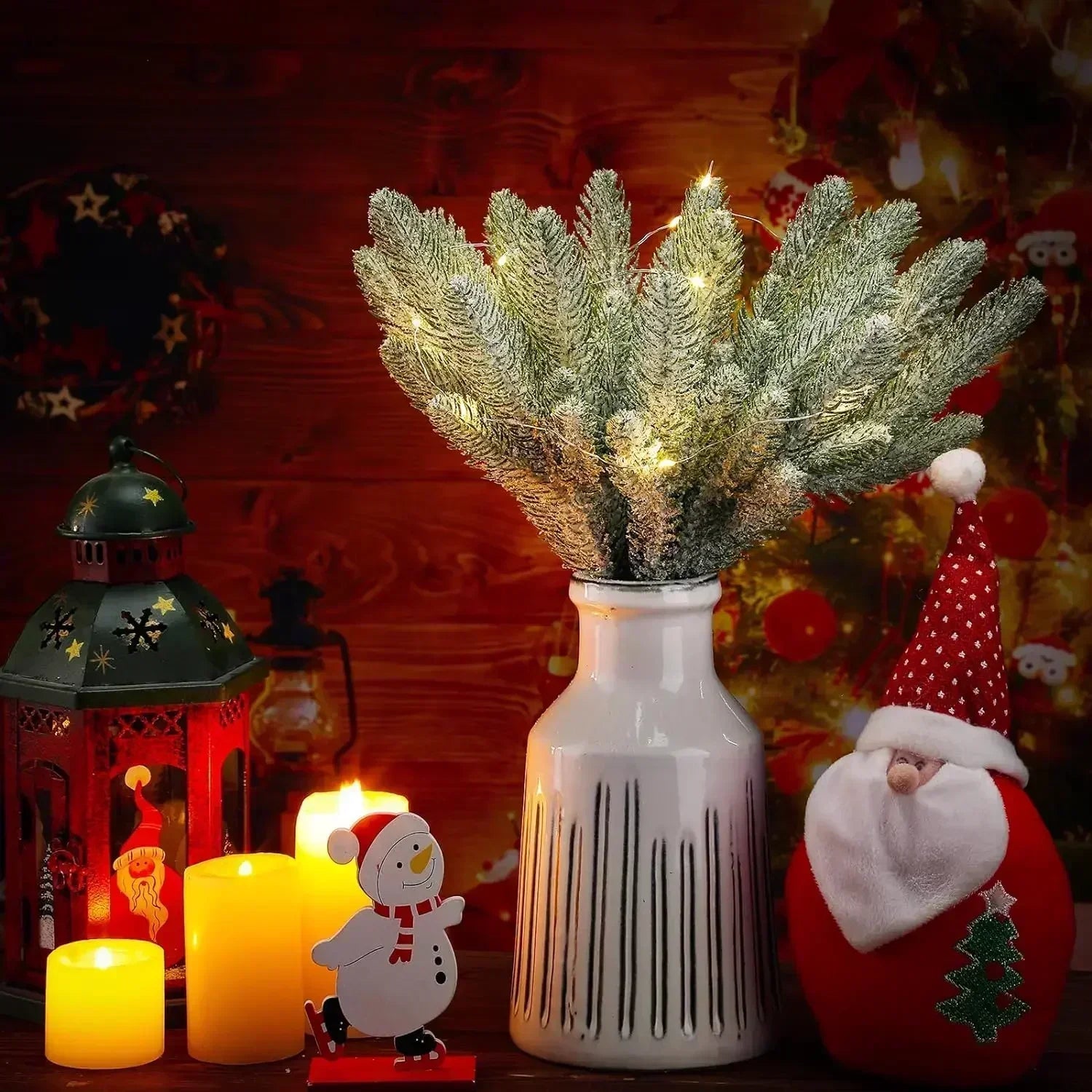 5/10Pcs Christmas Pine Needle Branches Xmas Tree Artificial Fake Plant Snowy Twigs Frosted Pines Garland Wreath Party Decor Gift