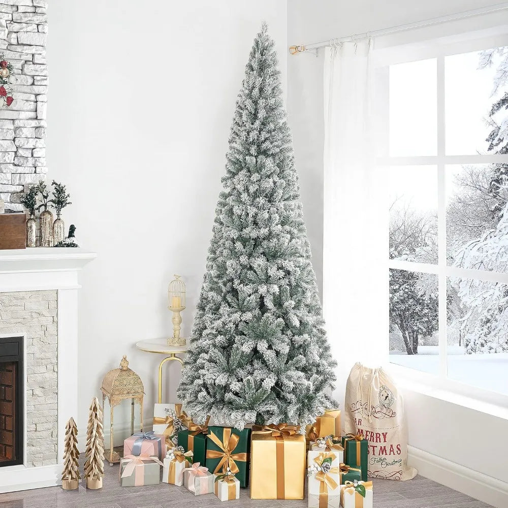 7.5Ft Frosted Prelit Slim Artificial Christmas Tree with 1102 Branch Tips, 350 Warm Lights and Metal Stand, 34" Wide