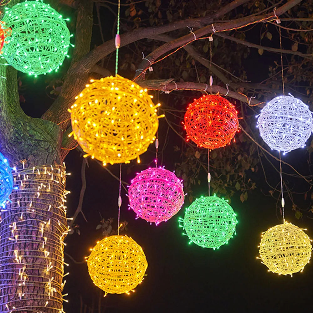 30CM Christmas Tree Rattan Ball Hanging String Light Outdoor Sepak Takraw Globe Ball Fairy Light Garland for Holiday Patio Decor