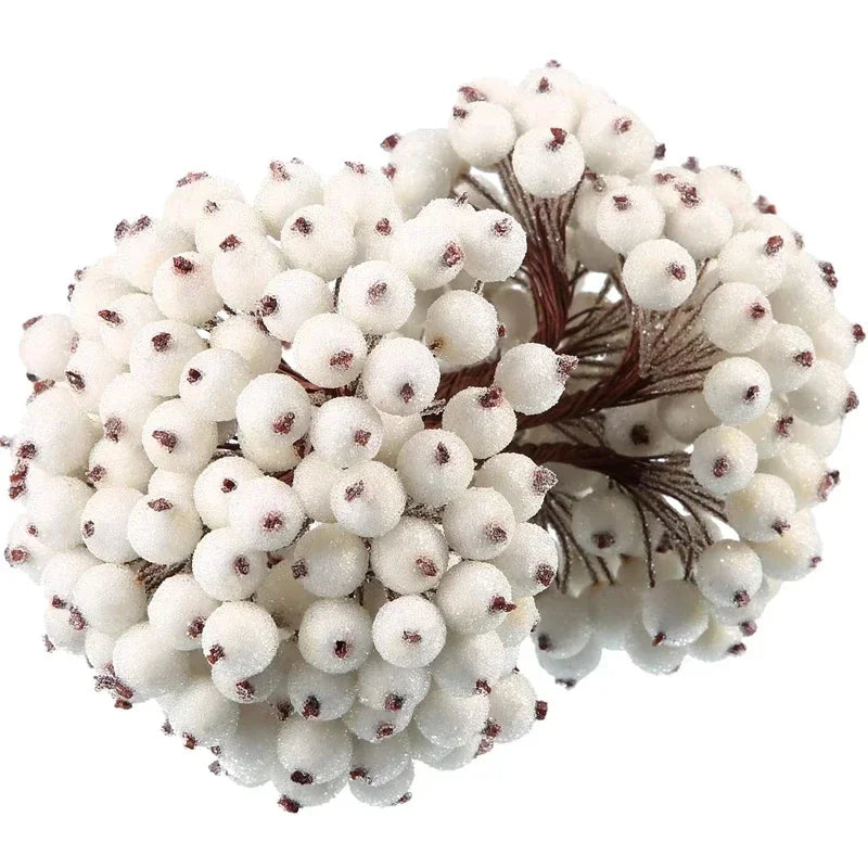 500/20Pcs Mini Artificial Frosted Berry Christmas Double Head Holly Berries Fake Flowers Bouquets DIY Wreath Xmas Party Decor