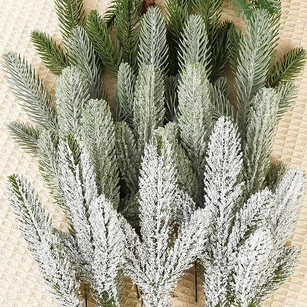 5/10Pcs Christmas Pine Needle Branches Xmas Tree Artificial Fake Plant Snowy Twigs Frosted Pines Garland Wreath Party Decor Gift