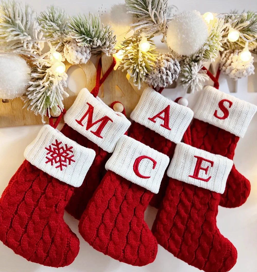 Letters Christmas Stocking New Knitting Christmas Tree Pendant Decorations for Home Xmas Gift Snowflake Alphabet Christmas Socks