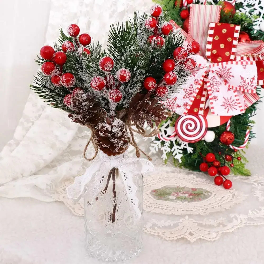 1Pcs Artificial Flower Fake Snow Frost Pine Branch Cone Berry Holly Diy Xmas Tree Ornament Home Christmas Decor Supplies Gift