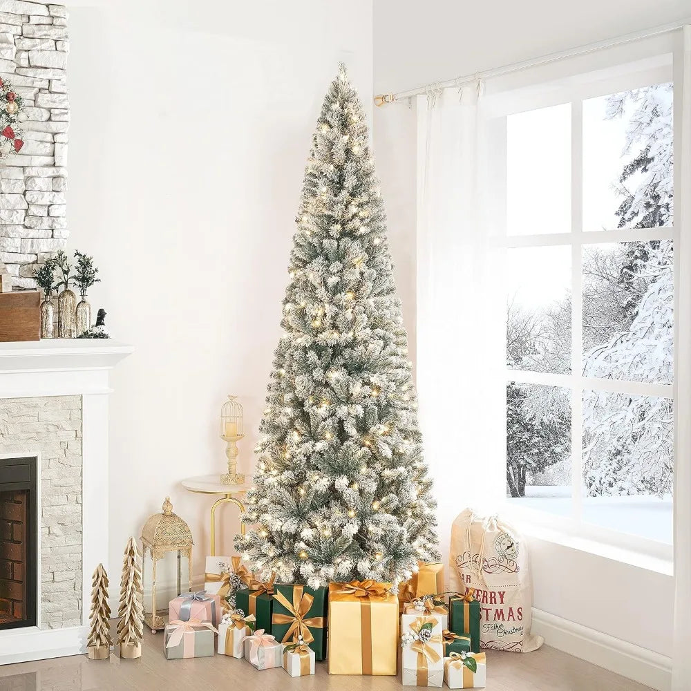 7.5Ft Frosted Prelit Slim Artificial Christmas Tree with 1102 Branch Tips, 350 Warm Lights and Metal Stand, 34" Wide