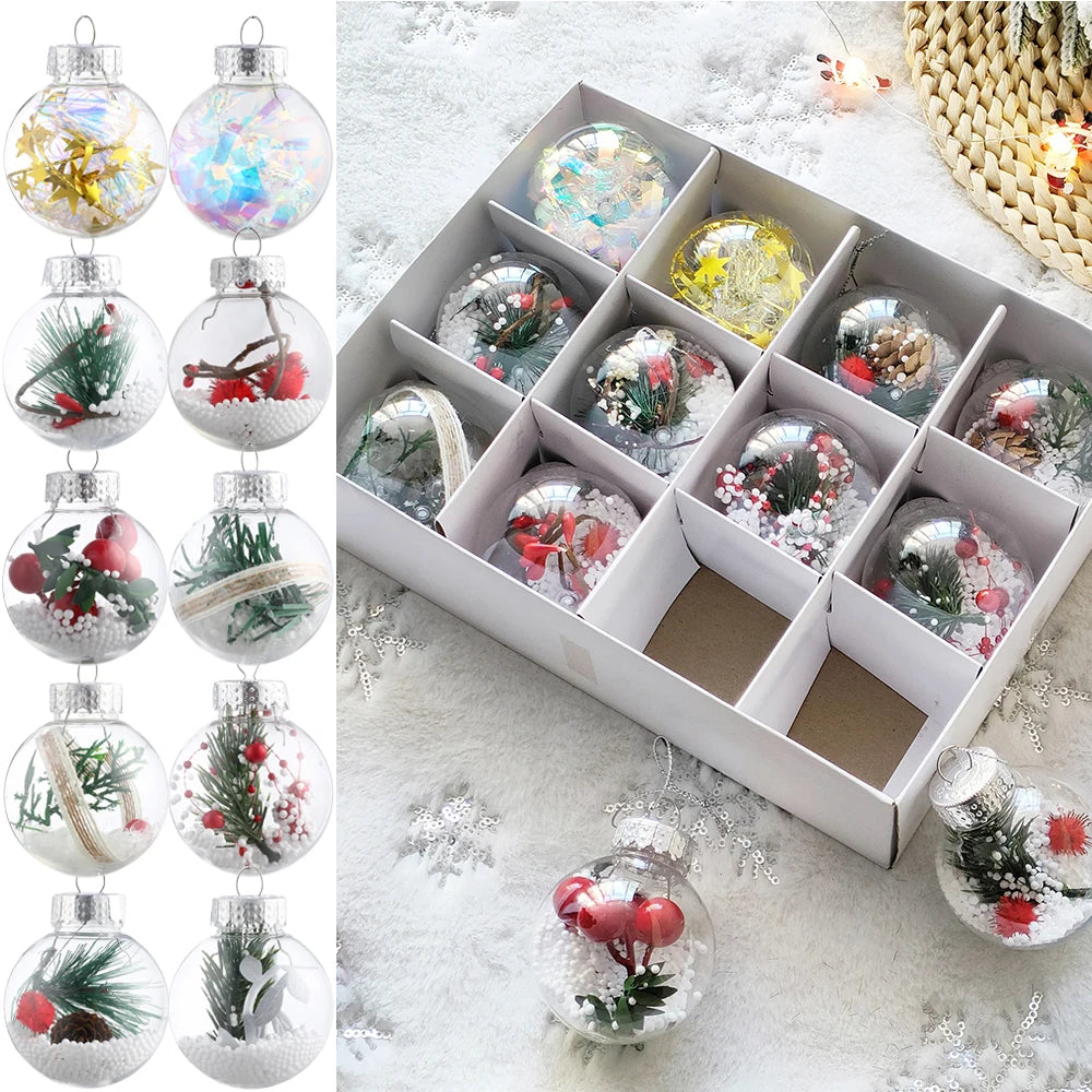 Mix 12Pcs Transparent Crystal Christmas Balls with Pine Cone Xmas Tree Hanging Ball Ornaments Christmas Decoration New Year Gift