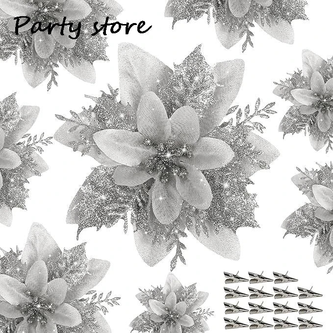 20Pcs Glitter Christmas Flower 2024 Xmas Tree Artifical Flower Ornaments Merry Christmas Home Christmas Tree DIY Decoration